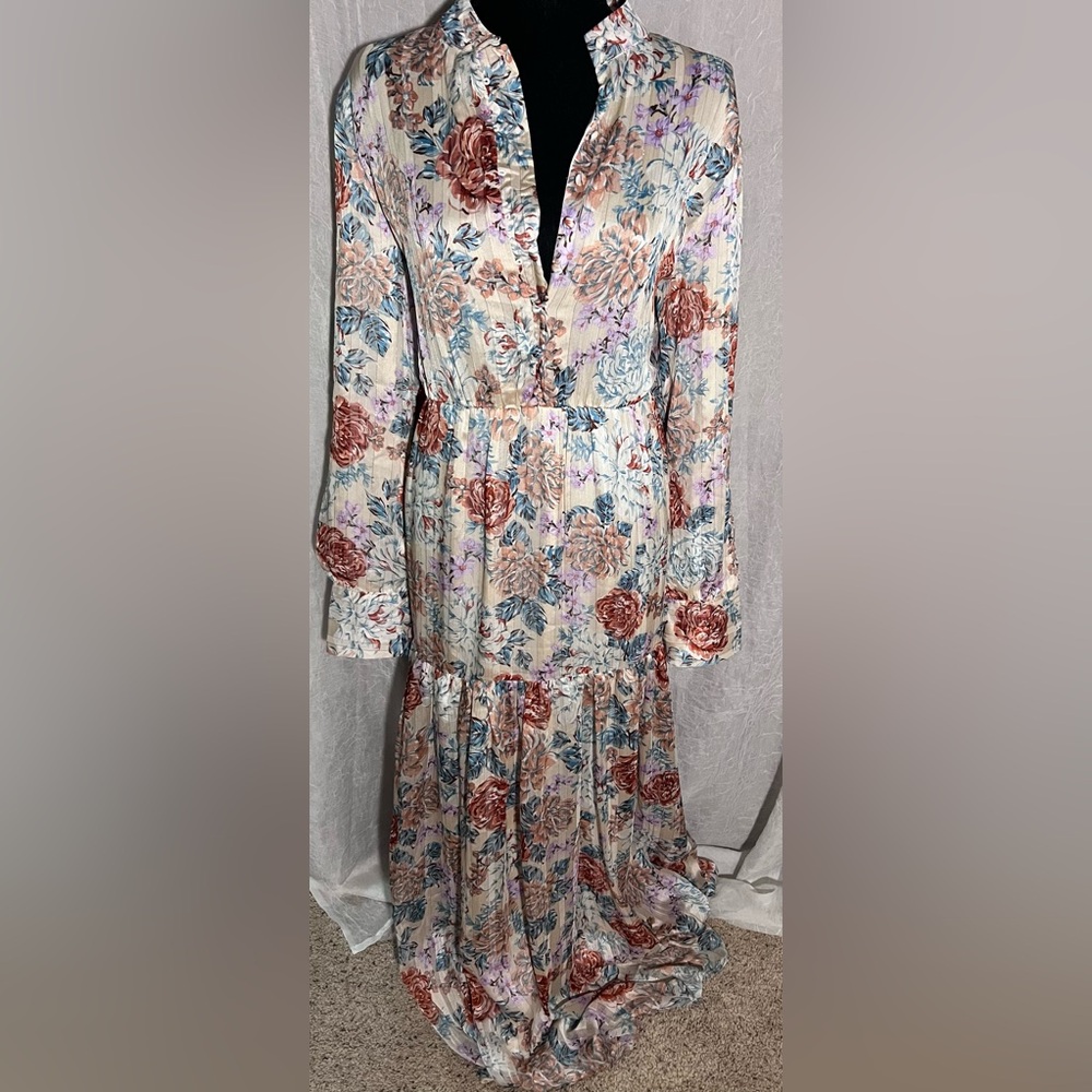 Floral Cream Maxi Dress with Long Sleeves